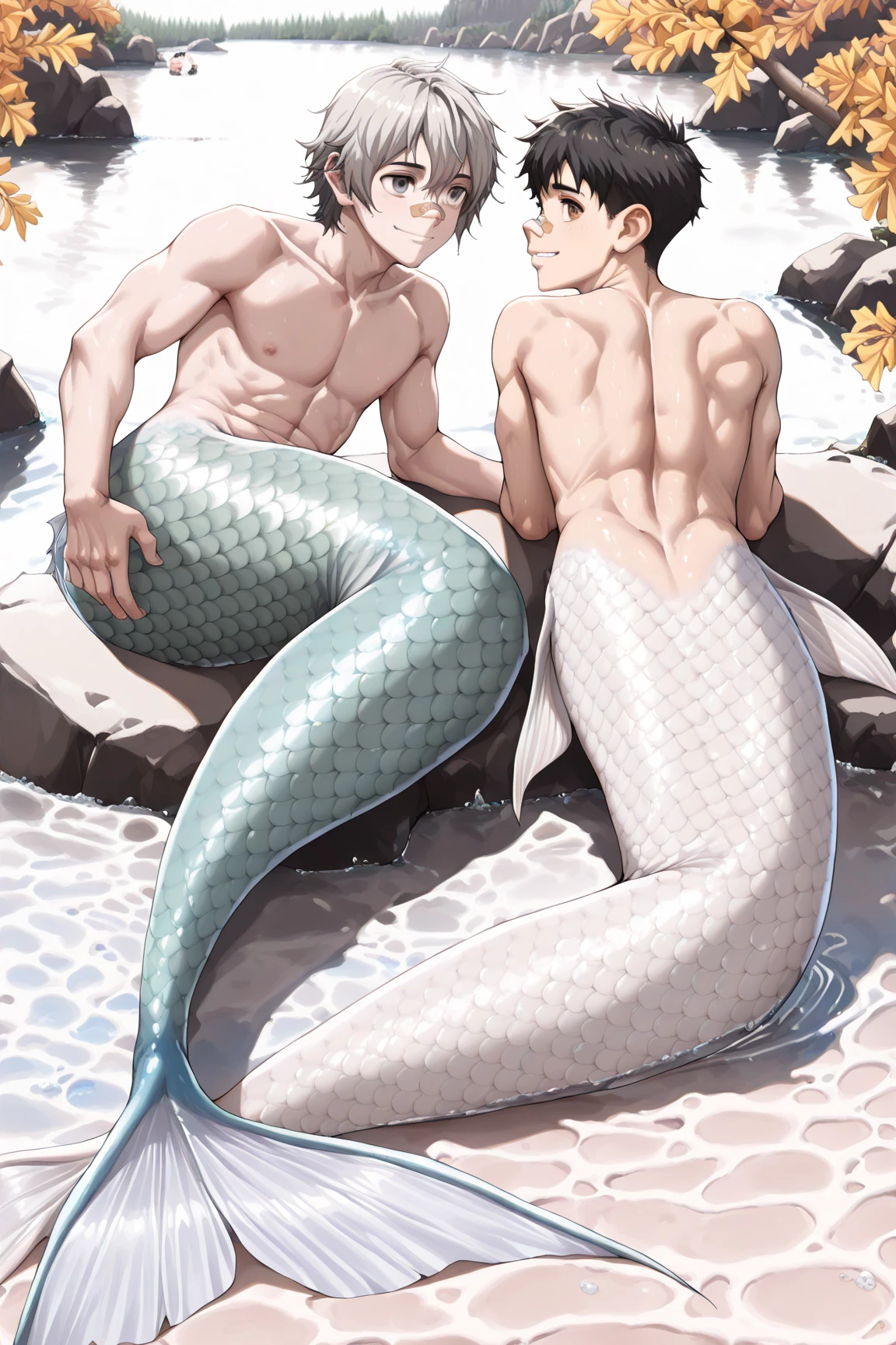 Anime Merman rubbing himself with a male human, outside water, kissing, dynamic pose, long tail, wet