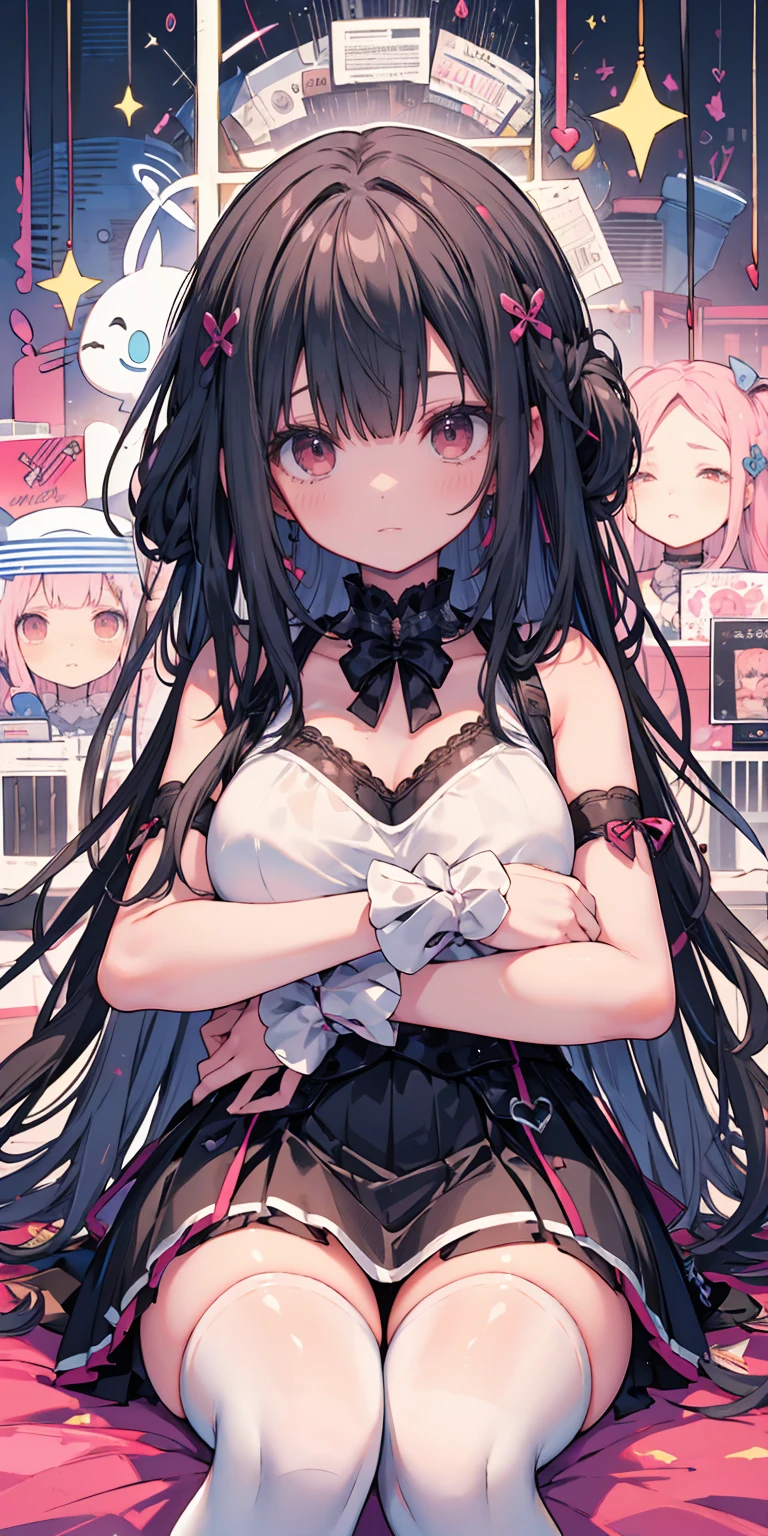 masterpiece, best quality, nsfw, (alley, wall, dark background), (from below), (gothic lolita, pink shirt), (standing, skirt lift), black hair, twintail, (heterochromia), lips, eyeliner, (evil smile), open mouth, half closed eyes, (vagina), (pussy juice),Bare chest