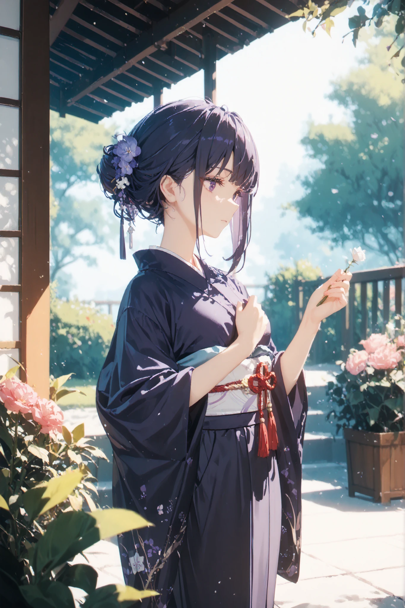Woman in kimono, violet kimono, violet-shaped hair accessory, black hair, bun hairstyle, The kimono is open, showing the shoulders, outdoors, flower garden, Soft light, White obi for kimono, Masterpiece, high detail, Japanese anime style, Staring at the audience, She places her right hand on her chest