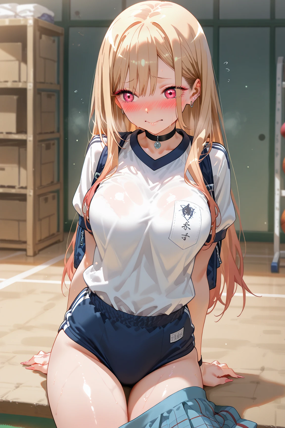 NSFW,(One girl:1.5),sd1、Charlotte Dunois、ponytail、uniform、skirt、Hair Ribbon、belt、Long sleeve,(Perfect hands),(Perfect Anatomy),(masterpiece),(highest quality),Embarrassed,blush,locker room,locker,(Changing clothes:1.5)