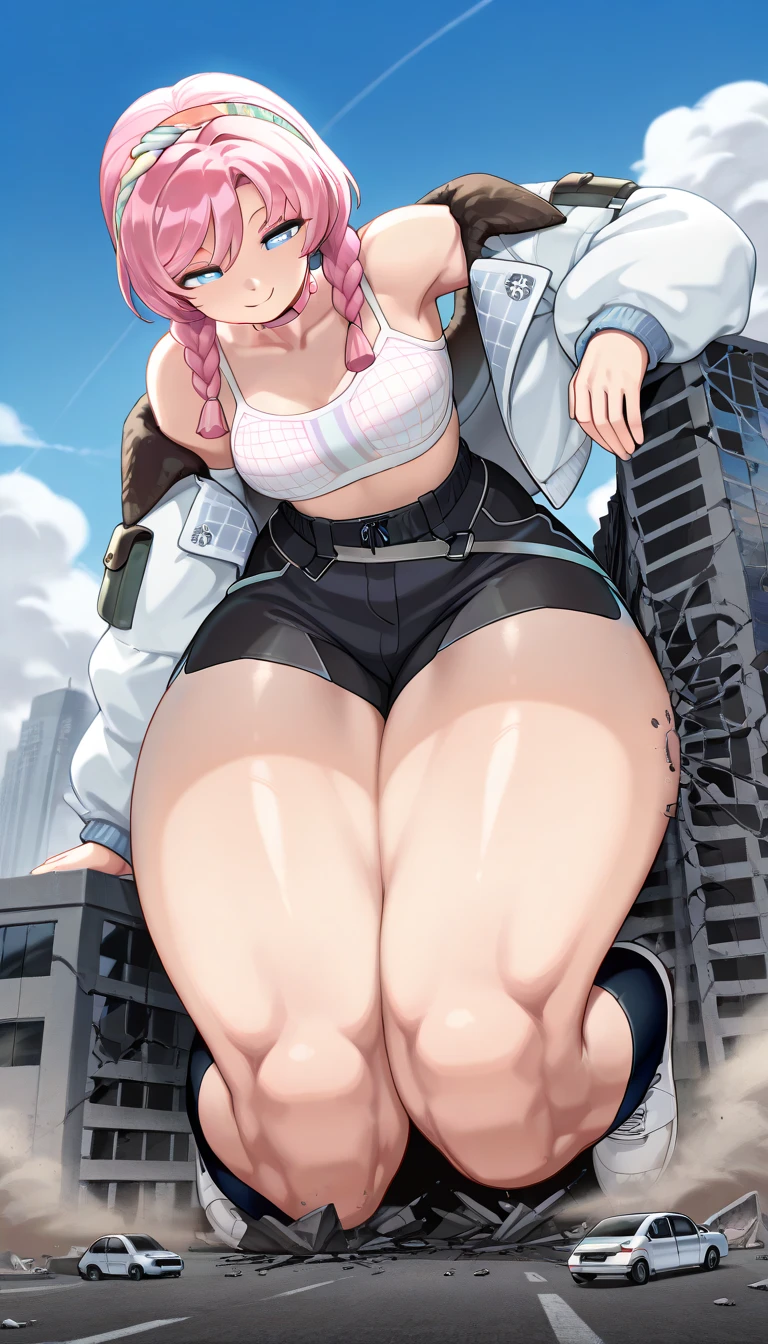 Beautiful 20 year old woman standing on one leg, lifting her other leg up, kicking position, mischievous smile, crotch visible, big breasts, slim waist, thick thighs, long pink hair, wearing headset, tight white crop top, jeans shorts, black see through stockings, nylon stockings, military boots, 2 arms, 2 legs