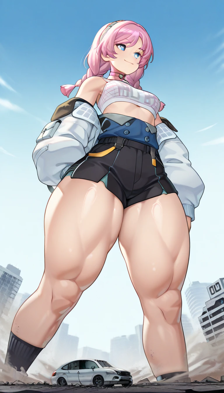 1960's, Living inflatable, inflating poison, luxurious long and thick pink hair, (wearing a stars and stripes bandana), (wearing long jean jacket with anime t-shirt with logo), (plaid miniskirt), platform sneakers, knee high socks, knee high boots, floating, (((hyper breasts))), (((muscle expansion))), (((muscular legs))), (((hyper muscle))), ((inflating futanari)) ((hyper penis!!!)), pleasurable look on face while hands stroking penis, (running inside neon lit indoor video arcade), dutch angle view