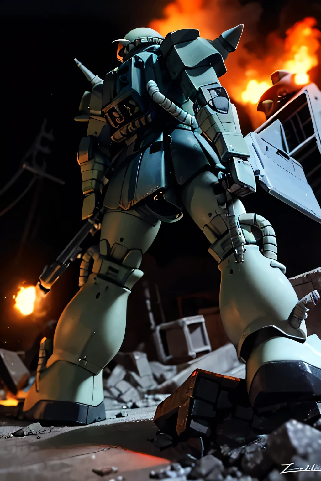 Please draw what you like.8k,The image features a Zaku II, a mobile suit from the Gundam series, depicted in a war-torn battlefield. The Zaku II is shown from a side angle, towering over the ground vehicles and the chaotic scene below. The mobile suit is in a dramatic, battle-ready stance, holding a large weapon, possibly a machine gun or a beam rifle, with its head slightly turned, giving a sense of awareness and readiness. The Zaku II's design is rugged and militaristic, with its signature mono-eye glowing ominously in the darkness. The armor is painted in dark, muted colors, typical of the Zaku series, which often comes in shades of green or gray, though the lighting and environment cast it in shadowy tones. The environment around the Zaku II is filled with destruction. Fires rage in the background, casting an orange glow that contrasts with the darkened sky. Sparks and embers float through the air, adding to the chaotic and intense atmosphere of the battlefield. The ground vehicles, including tanks and armored transports, are either in motion or damaged, emphasizing the scale of the battle. The overall composition of the image is dramatic and evocative, with a strong sense of scale and depth. The use of lighting, particularly the contrast between the fiery background and the dark figure of the Zaku II, enhances the mood of destruction and the grim reality of warfare depicted in the Gundam universe. The artist's style gives the image a painterly quality, with broad strokes and a focus on atmosphere rather than fine details, creating a powerful and haunting scene. Z4KU2,MS-06-F,