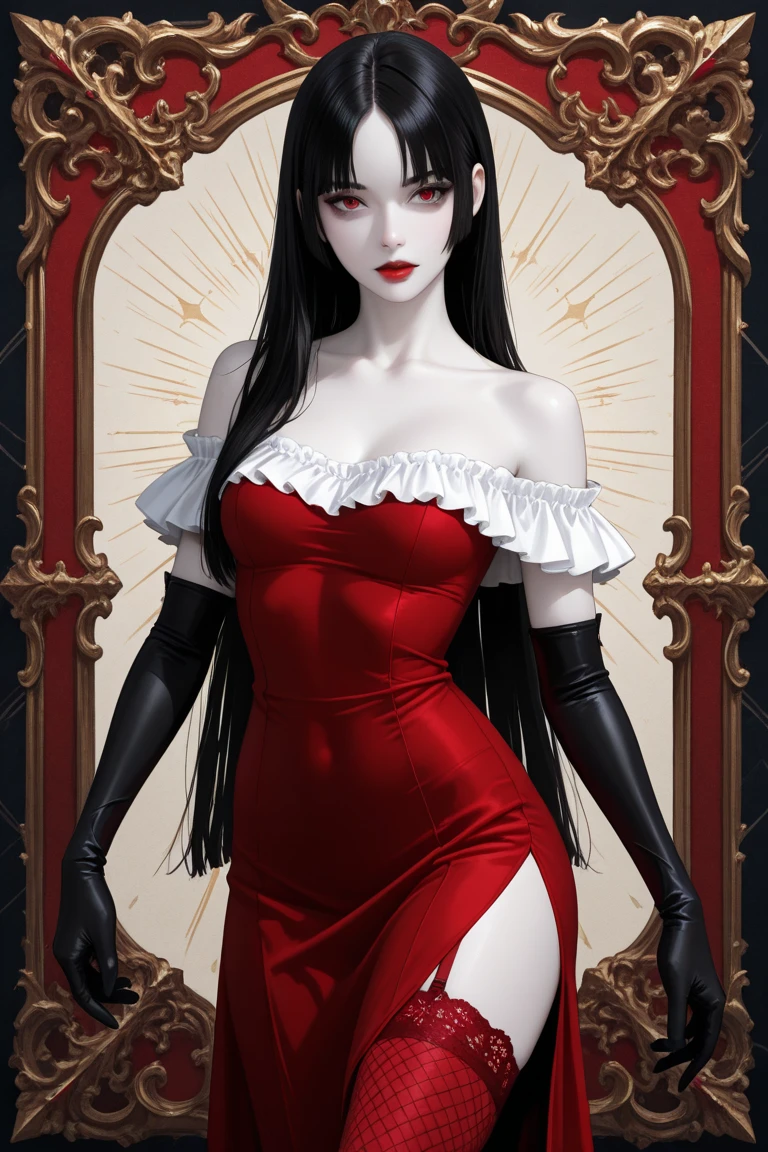 ((ultra realistic illustration:1.2)),(dark fantasy:1.4), (seductive). In a ornate bed chamber. Beautiful vampiress. long black hair, red eyes, ((very pale:1.4)), beautifully fit figure, natural perky breasts. Blood red lipstick, long sheer gown, .Masterpiece, (highly detailed:1.2),(detailed face and eyes:1.2), 8k wallpaper, natural lighting. core shadows, high contrast, bokeh.