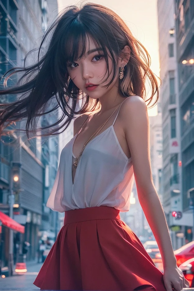 (New York Cityscape)、Highest quality、masterpiece、Ultra-high resolution、reality、Portrait、Elegant mature woman、blue eyes、Long Hair、Side bangs、(Translucent pink dress、mini skirt)、4K resolution、High-quality CG、Feminine pose、Fair、(The wind blows up my skirt),(Lace panties are visible)
