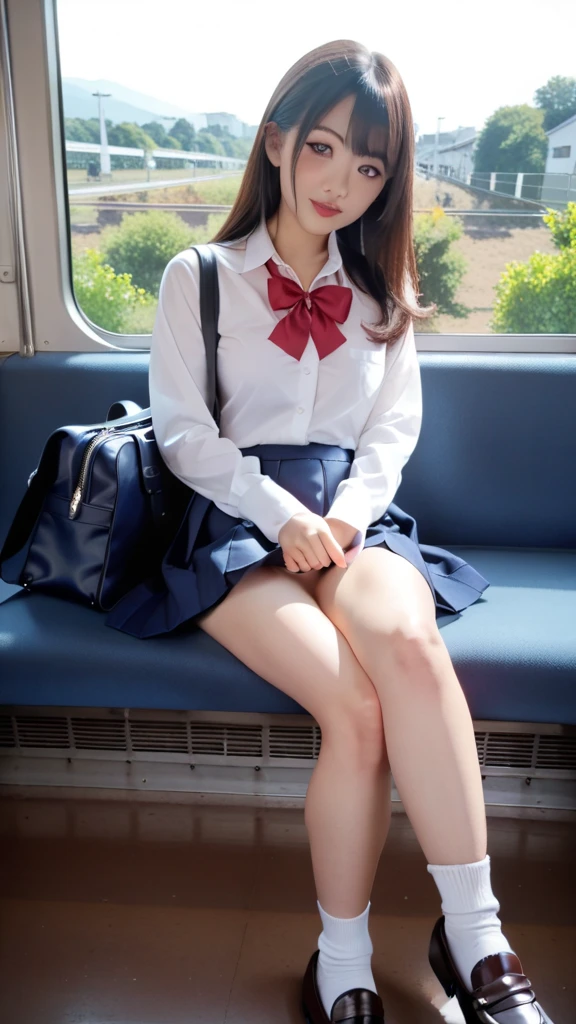 High angle shot、Center View、An Asian woman in a short skirt and bow tie is sitting on a train、Cute school girl、Japanese girls uniform、Wear Japan 、Japanese 、Surreal 、Dressed as a high school girl、Surreal 、Wearing a uniform、Realistic high school girl、Girl in uniform、Wearing a uniform、 Pause、Esbian all over、Beautiful skin、Glowing Skin、Nice thighs、Shining thighs、Shining Legs、barefoot , Japanese High School 、Nogizaka Idol、Korean Idol