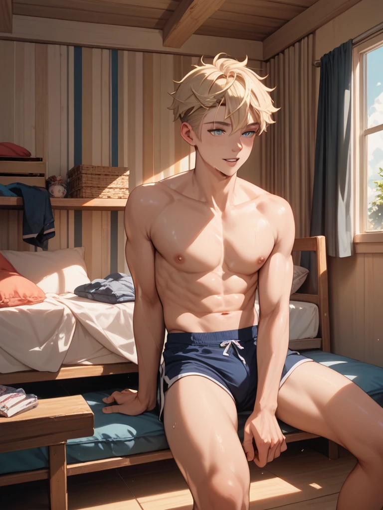 masterpiece, best quality, high quality, 1boy, solo, male focus, shirt off, yellow hair, full view, low view, waist.
