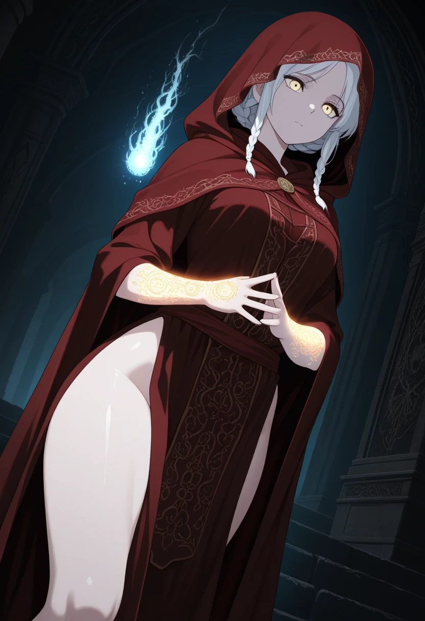 ((queen woman)),((with penis,large penis,soft penis)),cloak on back,with crown,((medium breasts, bare breasts, naked pussy,((white hair with ponytail, red eyes , hopeless face)),((standing, in a haunted castle, at night)) ,