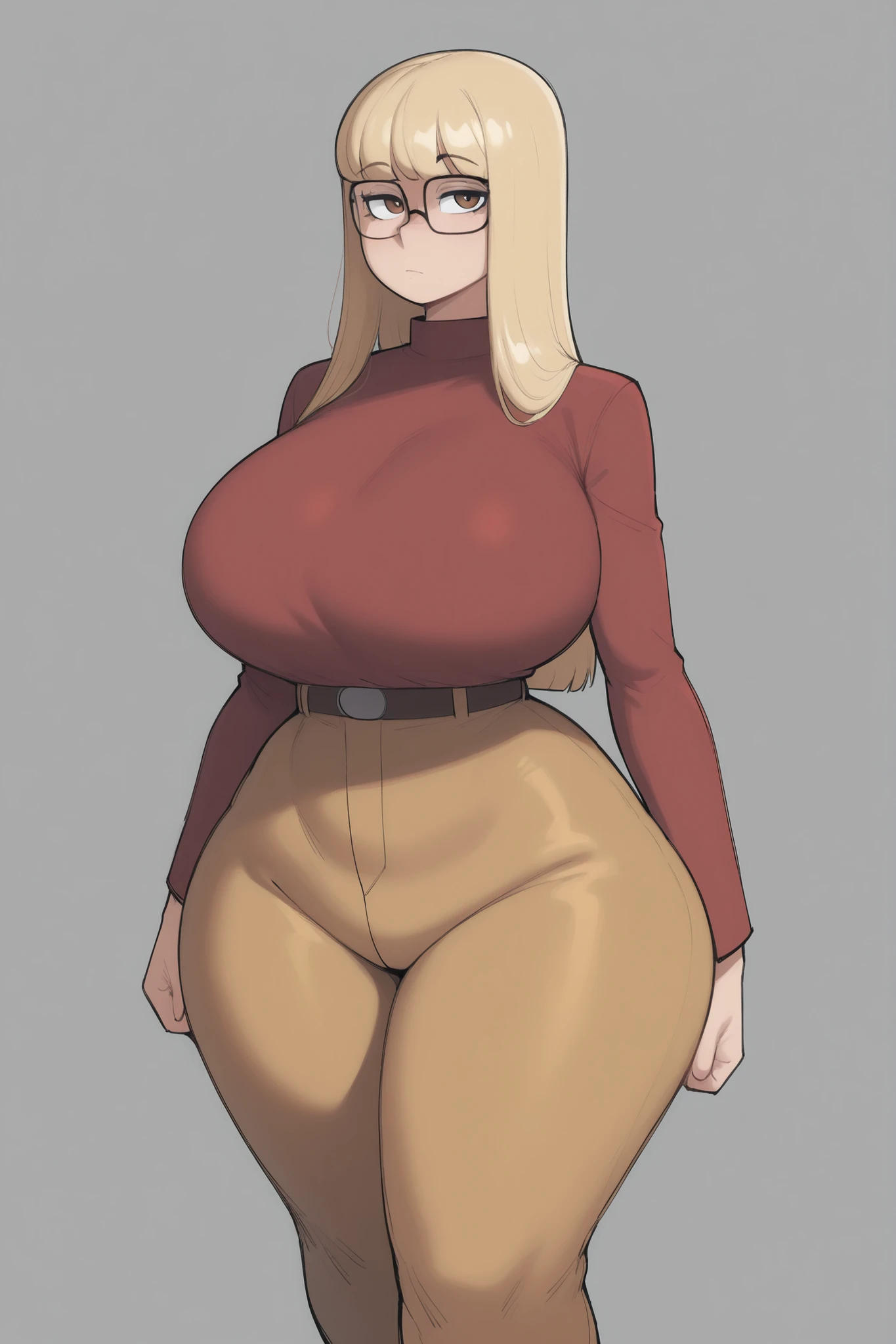 high_aesthetic,art by Lazorchef, ((Masterpiece, best quality, perfect lighting, amazing shading)), perfect anatomy, field of depth, extremely beautiful, long blonde hair, hair ribbons, green eyes, ribbed sweater, pantyhose, cute smile, ((immobile)), (wide_hips), [belt], blushing, (cowboy shot), (cute pose), simple background