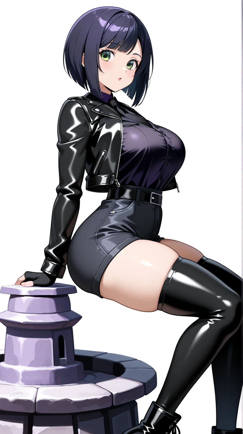 1 Woman in black costume with white pants, dressed as a maid/Ninja, big breasts, staring at the viewer, holding a katana attached to a chain, she has short purple hair and blue eyes, she is in a dark alley with bandits in the background, grimace, Unreal Engine 5, Mortal Kombat, anime, Action painting, Suprematism, anatomically correct, 16k, masterpiece, best quality, high details, UHD, ccurate