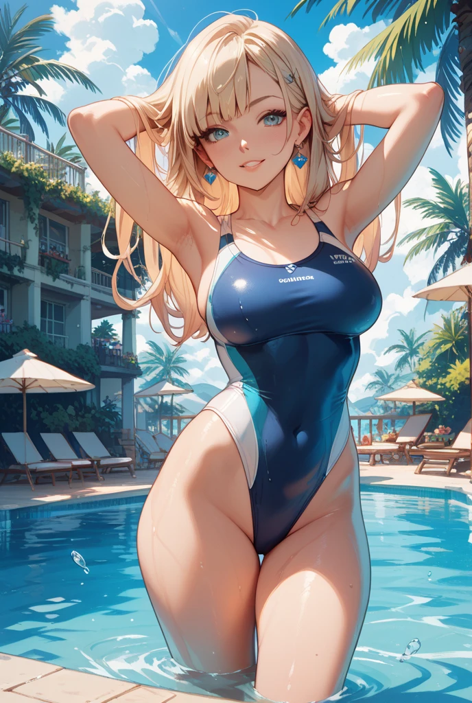1girl, breasts, dark-skinned female, solo, dark skin, blonde hair, swimsuit, smile, one-piece swimsuit, pool, covered navel, long hair, large breasts, looking at viewer, choker, cleavage, blush, bangs, jewelry, orange eyes, collarbone, wet, earrings, competition swimsuit, highleg, thighs, water