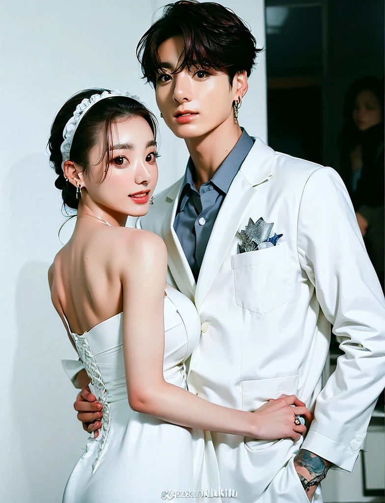 there are two people standing next to each other in a photo, album art, promo art, & jeehyung lee & wlop, wedding photo, official fanart, guweiz, 9k, 9 k, lovely couple, fanart, couple pose, smooth in _ the background, cai xukun, official artwork