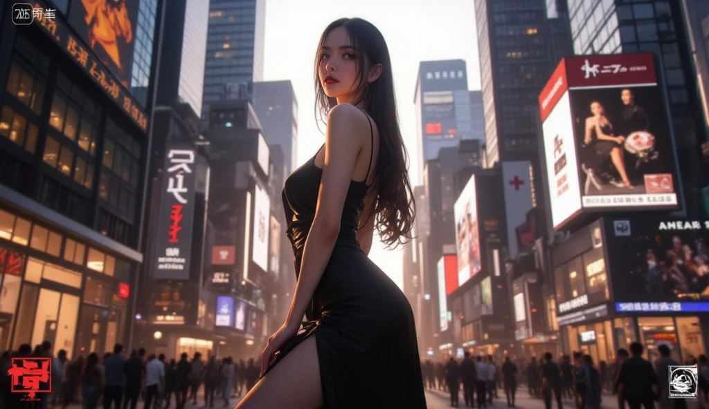 (Very detailed, masterpiece:1.2), Very detailedアートワーク, highest quality, High resolution, Surreal:1.37, Attractive girl, With an assault rifle, A breathtaking leap, Cityscape in the background, Realistic lighting, Vibrant colors, Elegant Dresses, Flowing Hair, Graceful posture, Captivating look, Captivating eyes, Delicate facial features, Dynamic Movement, Busy Street, Towering Skyscrapers, Traffic jam, Glowing neon signs, Vibrant city life, Breathtaking urban scenery, Intricate architectural details, Vibrant city lights, Bustling city atmosphere, Busy Street, Modern cityscape, Urban Energy