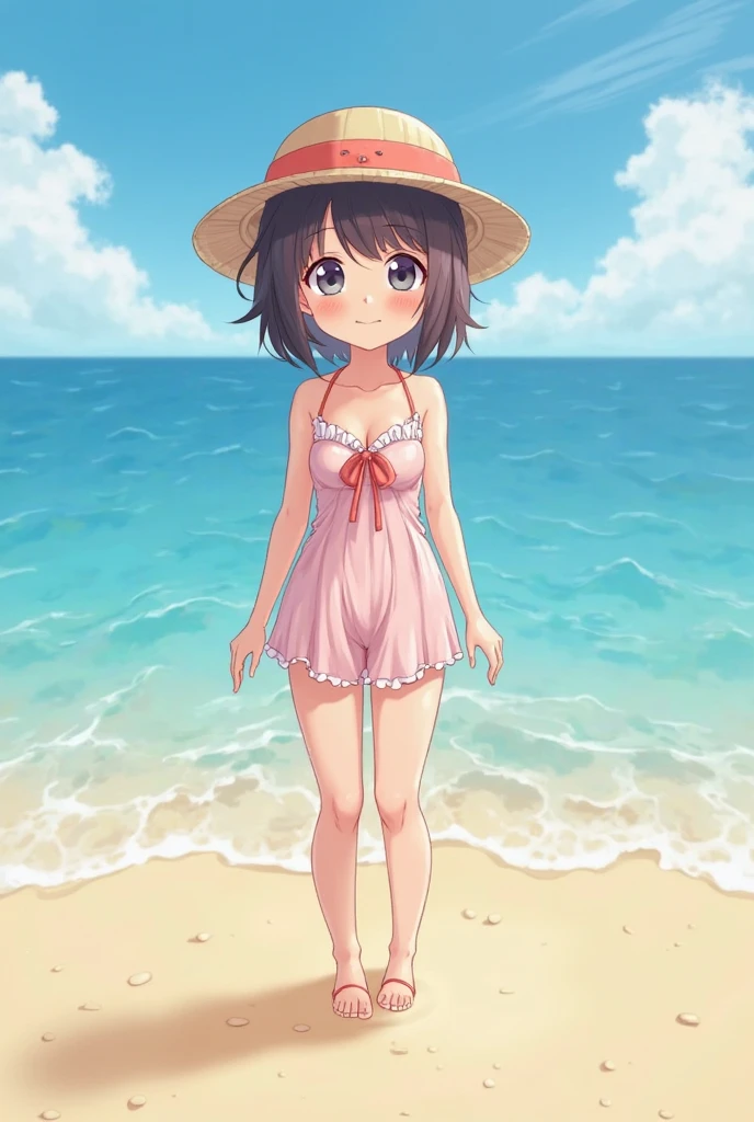 (masutepiece, 1girl in, hight resolution, kinomoto_Sakura, Green eyes, Wearing (two piece white swimsuit ), Good mood, Very detailed, full of details, in beach, Cinematic lighting),Oldest girl,Cowgirl, Squatting, Spread legs