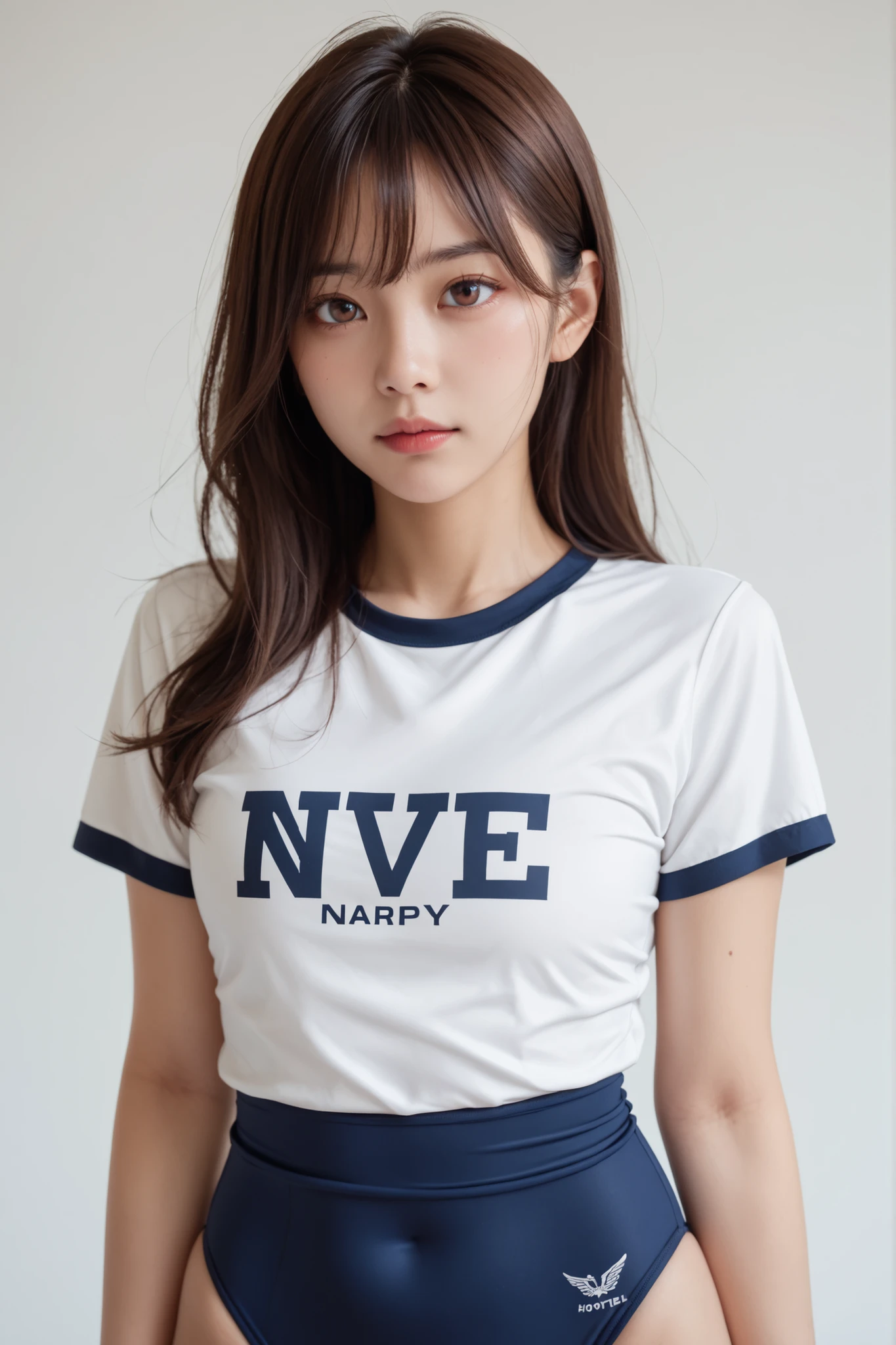 A cute 18 year old girl is wearing a shirt but not wearing any pants