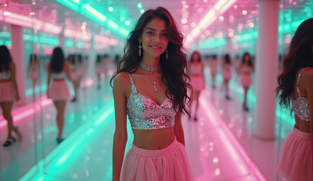Sri Lanka beautiful teen girl , happy, big smile, glances eyes , pink glowing particles, wear short bra and short skirt, yellow light bokeh background, proportional body,her legs are visible.