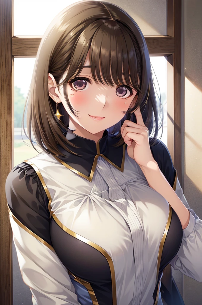 anegasaki nene、Shiny brown hair, short hair, (Beautiful brown eyes、Sparkling eyes, Fine grain)、smile、Ultra-detailed eyes、Highly detailed face, Highly detailed eyes,


(Very delicate and beautiful: 1.2), 1 girl, bangs,  Blurry, Blurry background, , shut up, Side view,  lanthanum, Particles of light, Long sleeve, Observe the audience, night,  alone, performer(symbol), Upper Body, smile, Red lips