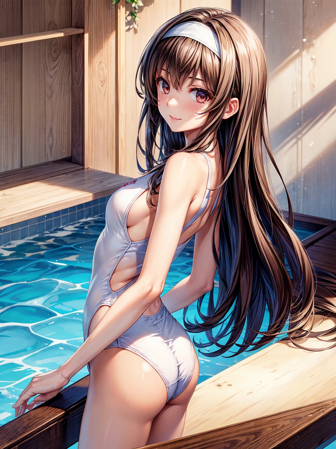 masterpiece、Highest quality、High resolution、Official artwork、back track rich，Long Hair、Blue eyes、Glowing Skin、Light background、Topic Emphasis、Soft and natural lighting、Creating a dreamy and magical atmosphere。Daytime poolside、hair ornaments、鬠红、Closed lip makeup、lipstick、(Heavy makeup)、((Beautiful breasts、Small breasts))、High Leg、Wear a tie-side bikini、Kneeling、