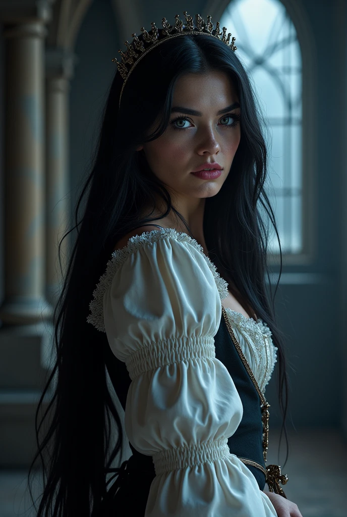 (masterpiece:1.7, best quality, ultra detailed, moonlight lights ratio, ultra realistic:1.3), Cinematic lighting:0.7, Diana, a true Ventrue, sits in an elegant colonial armchair:1.0 and emerges an intimidating presence that numbs even the most sadistic MALKAVIAN:1.0. Her pale skin:1.0 and small pink mouth, softly upturned nose contrast with her black hair and haute couture detailed clothing inspired by Maid Cafe style:1.0, bringing with her an air of elegance but also of sweetness; (night:1.0, full moon natural lighting:1.0, Vampire The Masquerade:1.0, James O'Barr directors cut:1.0, photo by Alexander Mavrin), pale shiny skin:1.0, thin, sharp focus on rare face:1.0, perfect eyes:1.5, photorealistic:1.2, film grain, looking at camera:1.0, emphasize shoulders, foggy, misty, noir portrait:1.3, volumetric dust, key light, ray tracing, film grain ISO 800, 16 mm lens, RAW f1.8 aperture, analog photography, HDR colors, (bioluminescent flora:1.3), gothic interior:1.0