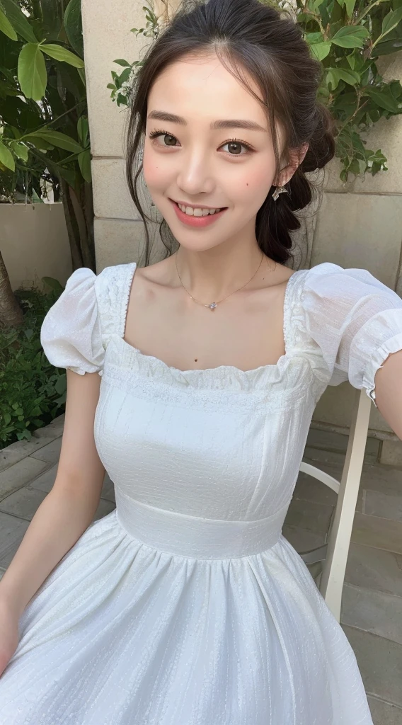 Melhor qualidade, , black hair, long hair, baby face, pequena, linda, sorrindo, em casa, corpo todo, nova, peito pequeno, mostrando o peito, Messy hair, selfie, mostrando o corpo, luz real, realista, bem detalhado, good lighting environment, abajour, dress with bow, vestido curto