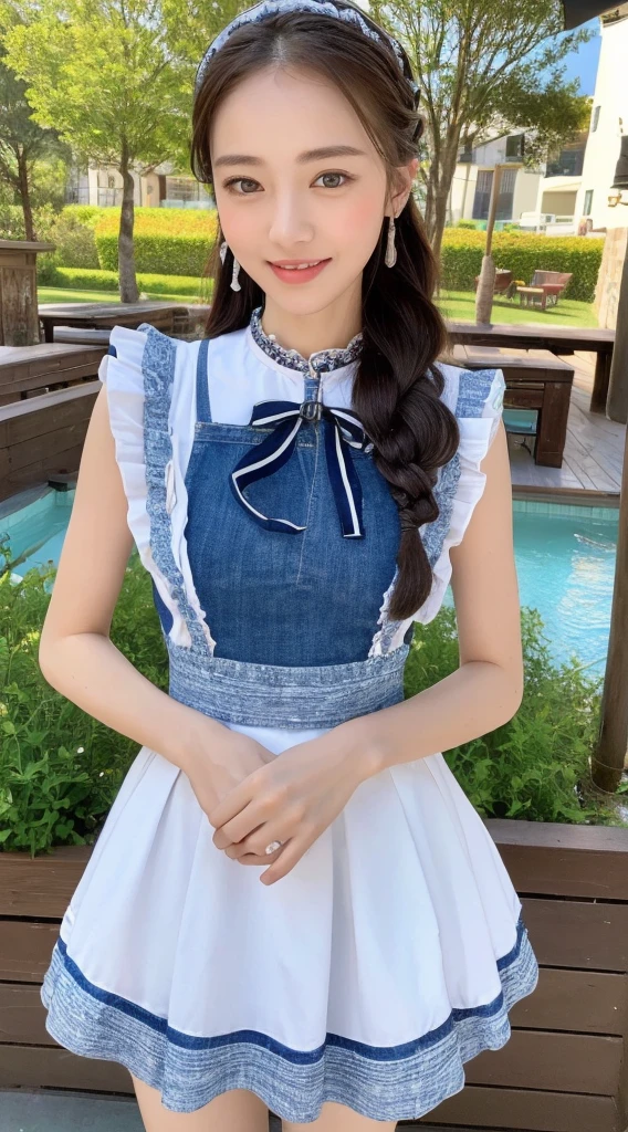 (maid clothes:1.3),(Cover chest:1.3),jewely,looking at viewert,hair adornments,choker necklace,is shy,ssmile,
(tmasterpiece,top-quality,best qualtiy,offcial art,Beauty and aesthetics:1.2),(1个Giant Breast Girl),extremedetailed,rich colourful,highest details,
城市,the street, tilt, walls, suns, Clouds,