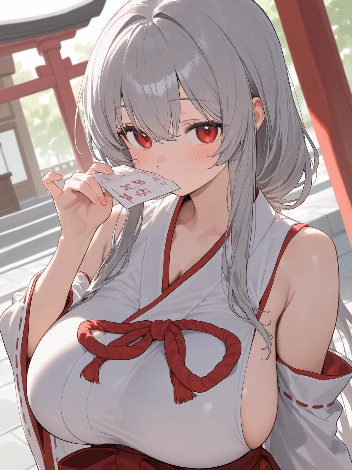 masterpiece, High-quality, 独奏, ume daiki, 1woman, long hair, white hair, red eyes, big boobs, red kimono, hanafuda earrings, sexy, hot