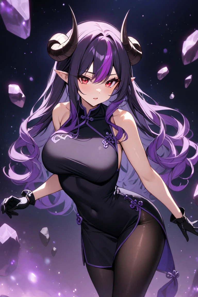 Girl, short purple hair, horns, medium-sized breasts, short skirt, naughty or sexy expression. Shows a smiling face with horns, expressing a devilish nature or something fun and naughty. 😈