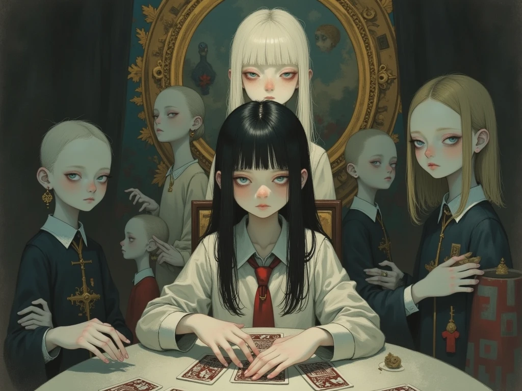 Jeune homme. In the style of Adrian Ghenie, Esao Andrews, Jenny Saville, Edward Hopper, surrealism, Dark Art par James Jean, Takato Yamamoto, Minimalisme inkpunk. Dans le style Tim Burton. Dans le style Addams Family. Gothic.