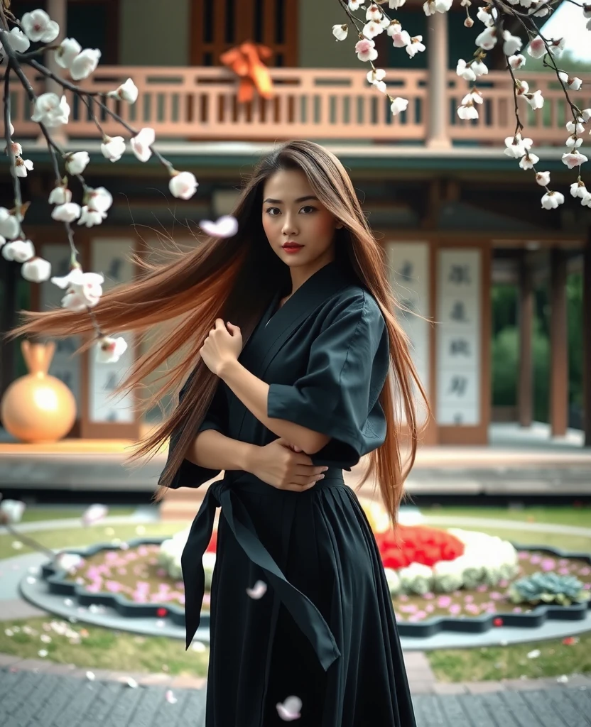 a dramatic portrait of an long haired asian woman, her long straight hair flowing in the wind, dressed in a black kimono and hakama ,dancing with her arms elegantly crossing, surrounded massively by a cherry blossom and petals. The background is slightly blurred, giving the image a dreamy feel. poetic light 
In the background, a raised wooden veranda overlooks the central garden display, where seasonal blooms are arranged with meticulous artistry. The overall composition balances cultivated nature with the grace of traditional Japanese interiors, inviting quiet contemplation and serenity.

