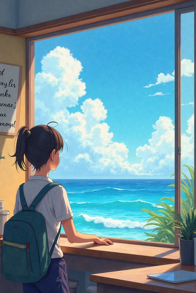 Anime girl sitting on a chair looking out the window at the sea, Overlooking the sea, Gazing at the sea, Gazing at the sea, 4k anime wallpaper, Anime Style 4k, anime wallpaper 4k, anime wallpaper 4k, Anime Art Wallpapers 8K, View of the sea, anime art wallpaper 4k, anime art wallpaper 4k