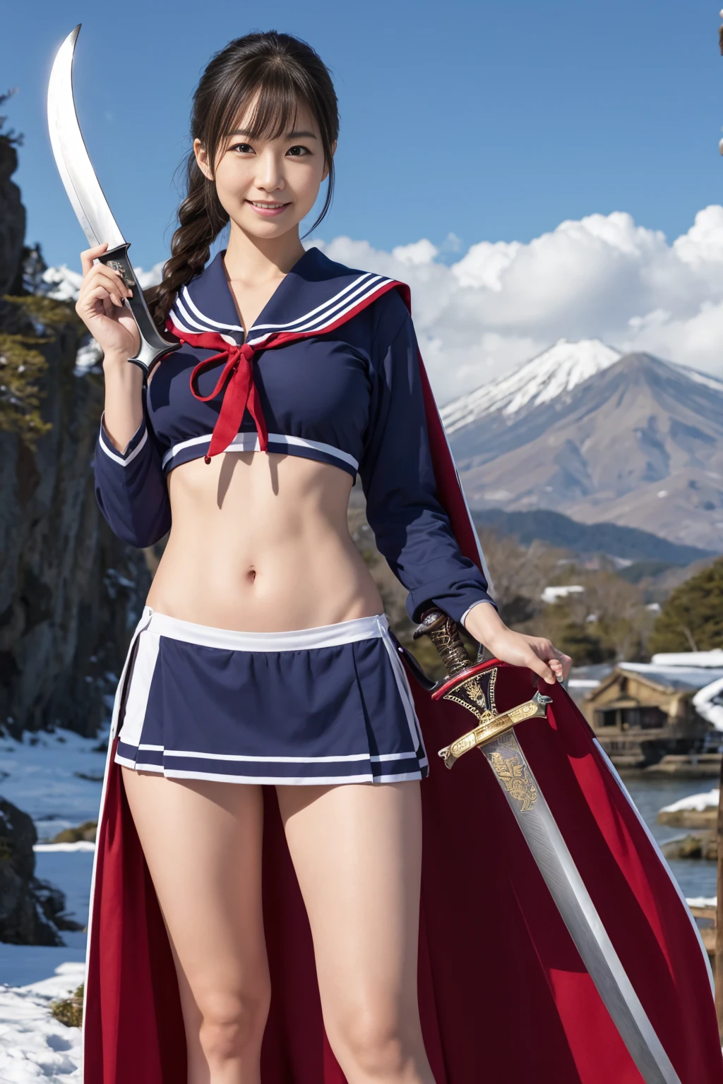 (8K、Raw photography、Highest quality、masterpiece:1.2),(Black Hair、Dark Eyes:1.9),(:1.6)、View your audience,Viewed from the front,White skin,(:1.4)、(Tight waist:1.6)、(Clothes that accentuate the shape of the breasts:1.0)、(Big Breasts :1.3)、Slim figure、Ultra-high resolution,beautiful,beautiful fece,(One person、No background:1.9),whole bodyボディー,Japanese women,(reality的:1.37)、Photon Mapping,reality、(Baby-faced and cute: 1.4)、(Cute Smile: 1.8)、(Round face: 1.8)、Radio City、Physically Based Rendering、Depth of field rally background、photograph, (I can see your knees、Thigh close-up:1.8),(:1.6),whole body、Great quality
