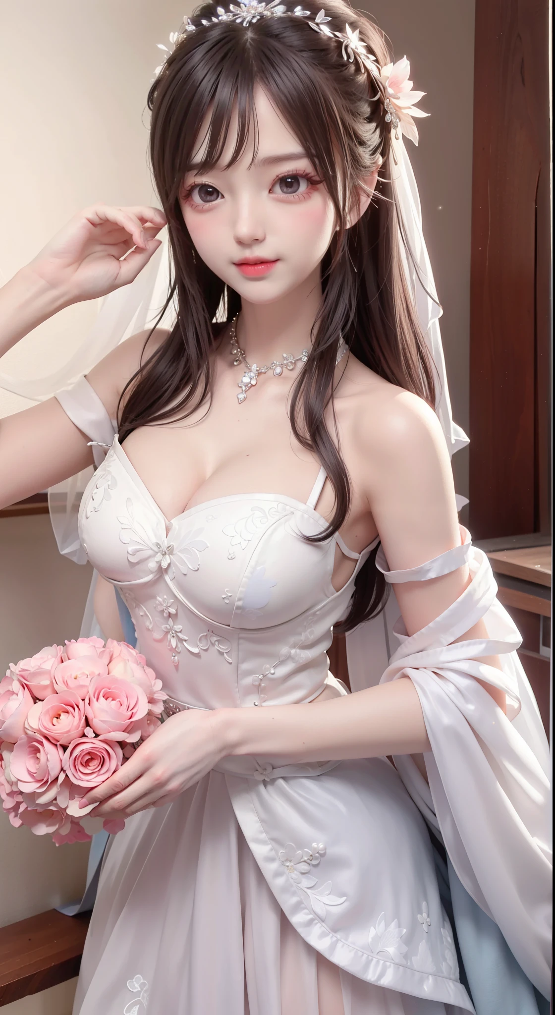 Close-up of a beautiful bride in a beautiful wedding dress, Gurwitz,(Pillory:1.5), (flail:1.2), flail on the head, flail on the hands,whole body照片, whole body, (Wedding Veil: 1.5), (Transparent short veil: 1.5), Blushed, Flower head, Headdress, Very exquisite princess wedding dress,(Tube Wedding Dress: 1.5), (Silk dress: 1.2 ), (Strapless Wedding Dress: 1.5), (and floor-length skirts:1.2), Pure white dress,White long skirt, necklace, earrings, (Huge breasts: 1.3), (Mature female , Large Breasts,Sagging breasts、Cleavage, cleveage、Thick thighs, Wide hips, Curvy beauty, Perfect body,)Deep V-neck wedding dress, Bangs, Lipstick, (Lace gloves: 1.3), High detail RAW color art,