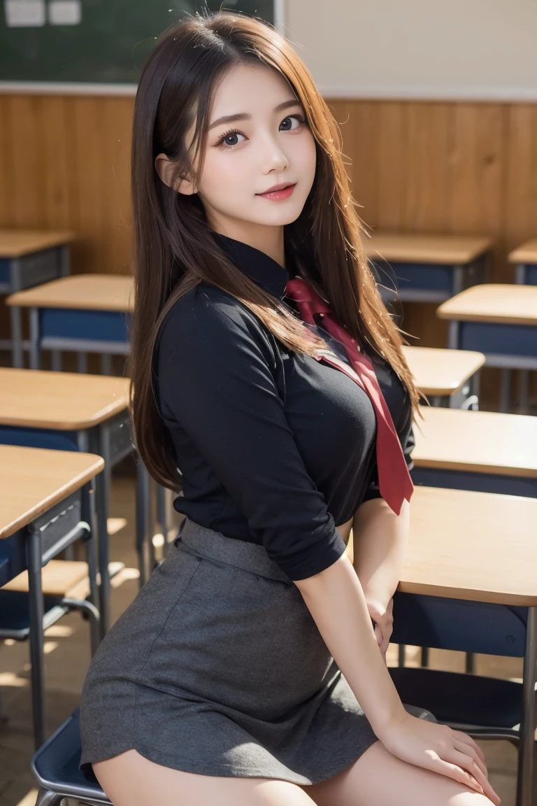 best quality,ultra high res,(realistic,photo-realistic:1.4),1girl,solo,young,cute,large breasts,looking at viewer,full body,happy, (classroom,school uniform:1.2), sitting, <lora:AnimeticAsianFace-000016:0.6>