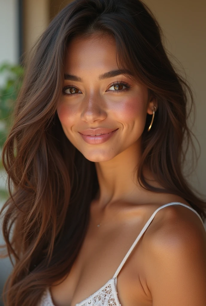 25 year old woman Hawaiian type burgundy red hair long curly hair. Physique sportive et dynamique, femme souriante, well defined lip, freckle near nose, light makeup and lip gloss, eyebrow a little thick but well defined, visage lumineux et joyeux. Femme qui a du peps et du charisme. Clavicule visible, generous chest 85C. 1m75 for 60 kg muscular photo realistic full body tanned deep black eyes