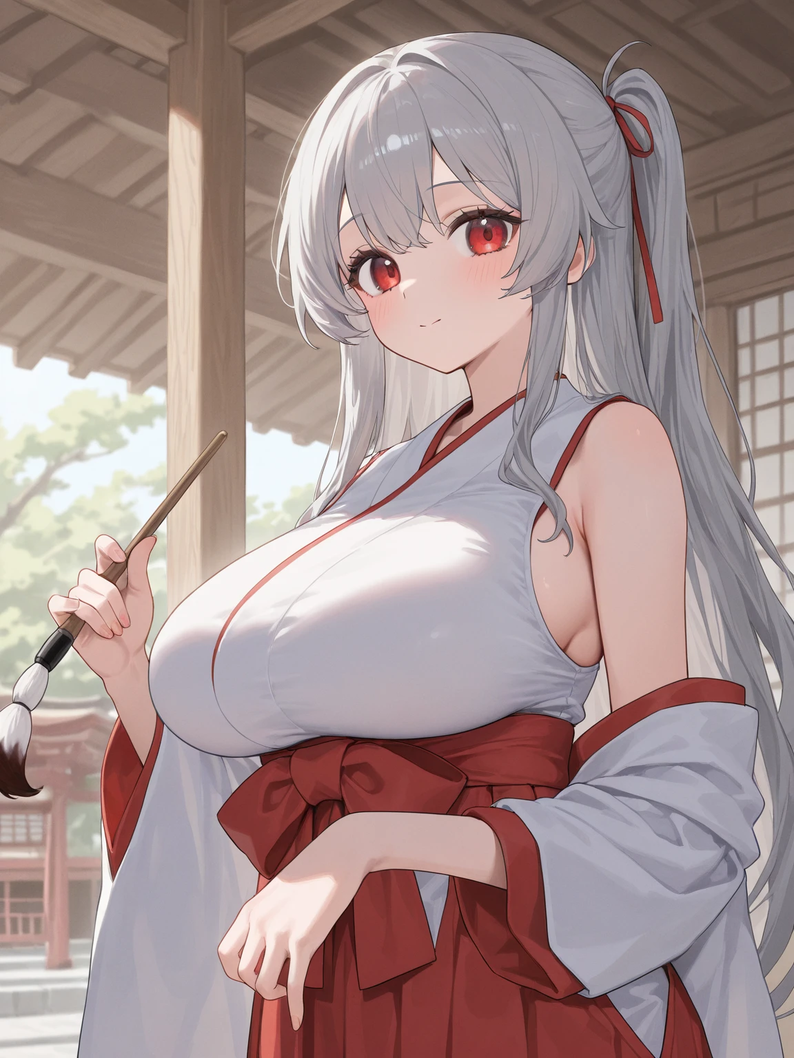 Ultra-high resolution, 8k,high quality,((((Shrine maiden outfit,Oblique angle、Cunning Hand)))),(Young Girl、glowing、iridescent light,soft shadow,Anime Painting,thin line drawing),One Little Woman,(((Huge breasts,Shapely round breasts))),