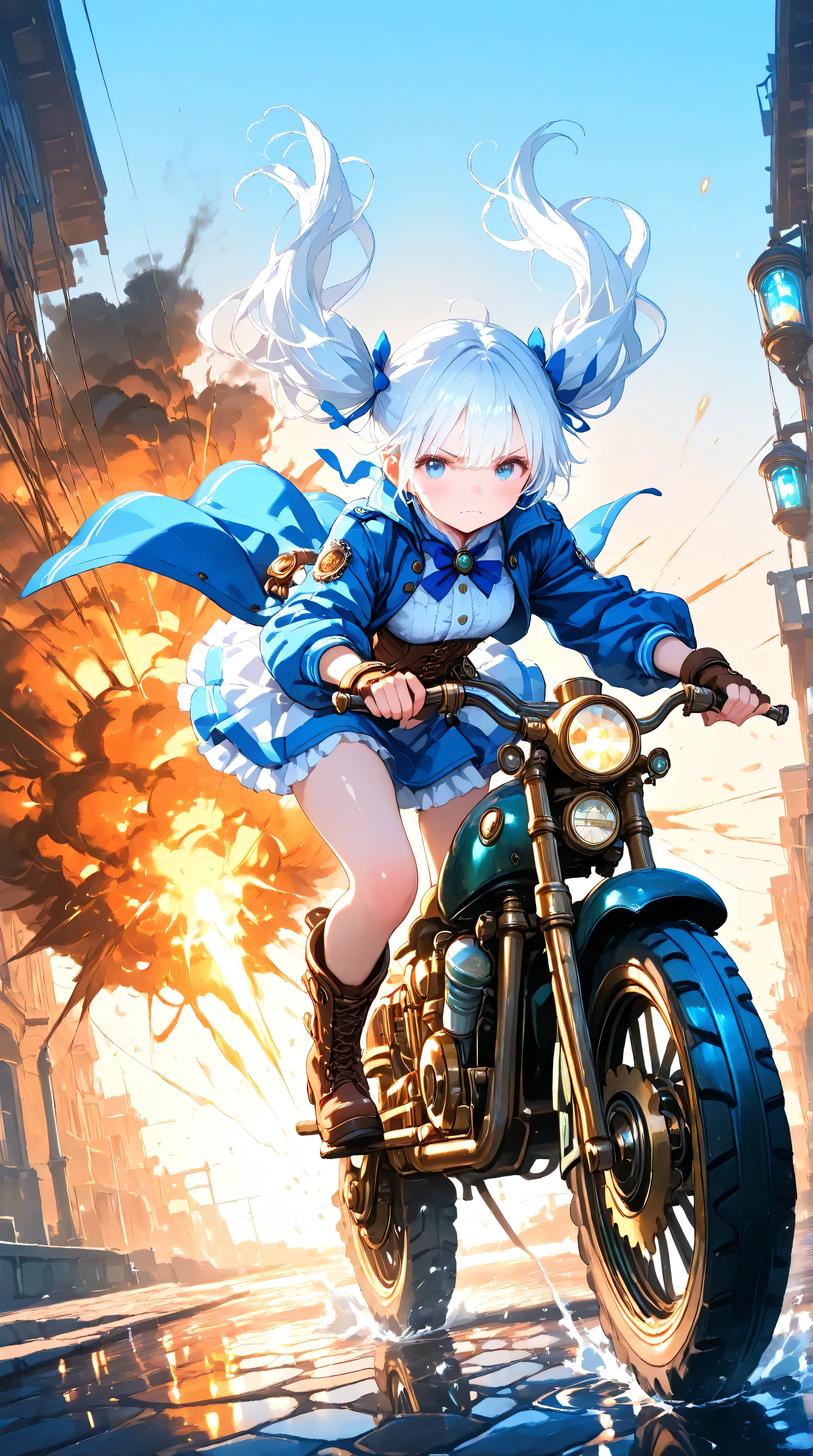 8k, masterpiece, best quality, ultra-detailed, high resolution, cinematic lighting, soft shadows, motion blur, speed lines, dynamic composition, intense motion,
a single cute anime-style girl, youthful and petite, stylized low head-to-body ratio, realistic anatomy,
white hair, twin-tails tied with vivid blue ribbons, hime cut, hair fluttering wildly in the wind, drawn strand by strand, glossy and softly backlit by warm morning sun,
blue eyes, serious gaze, baby face, slight fangs, blushing cheeks, smooth translucent skin, natural shading,
steampunk police-inspired outfit: short navy jacket with brass buttons, corset belt, frilled mini skirt, thigh-high leather boots with metal buckles, fingerless gloves, gear-shaped ornaments, silky and textured cloth, fine stitching, glowing patterns,
riding a large steampunk motorcycle: brass and steel frame, rotating gears, smoke vents, exposed engine, glowing pressure core, analog meters, thick tires,
both hands gripping the handlebars, foot on pedal, skirt and hair flowing backward, leaned forward in motion,
background: steampunk city in early morning light, wet cobblestone streets, puddles reflecting sunlight, smoky rooftops, gears turning in the distance, atmospheric haze, sun filtering through steam,
a massive explosion behind her — blazing fireball, sparks and fragments in midair, shockwave distorting the air,
the blast lifts her cape and twin-tails, light flickering across her silhouette, fiery orange contrasted against the soft morning blue,
she rides through the chaos at full speed, determination in her eyes, smoke trailing behind, tires splashing water,
the city blurs past — a single girl in motion, caught between steam, light, and fire.