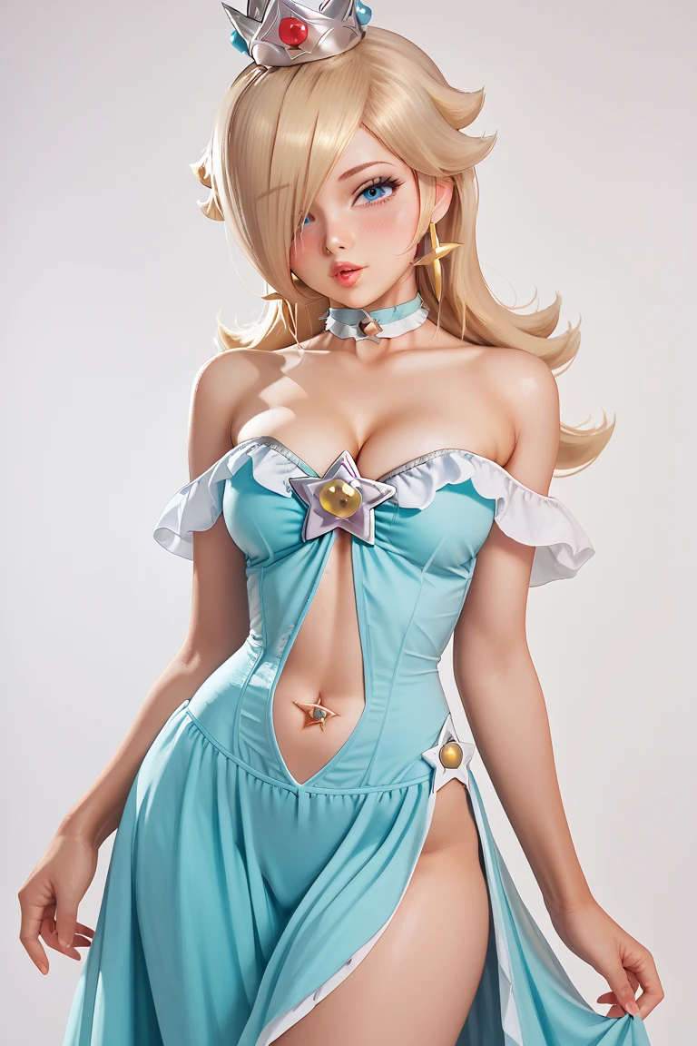 High resolution, Very detailed, perfect lighting, beautiful detailed eyes, ((masterpiece,Best Quality)), absurdities, alone, princess zelda, by the width, crown braid, Hair clip, pointy ears, slim fit shiny navy blue elegant evening dress, Gloves without fingers, black gloves, smile, curves, deep neckline, deep neckline, slim fit shiny navy blue elegant evening dress, Primer plano frontal, close up, close up