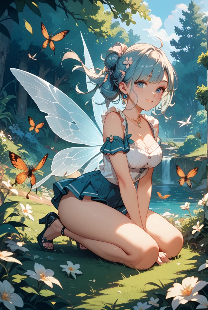 Dynamic Angle、 within a magical forest, a mystical fairy girl emerges, Light blue long hair、Hairstyle is Twintails、adorable smiling、Moonlight twinkle,  flower bloom、The tree々While flapping its wings in the sparkling fireflies, The sky is full of stars、Creating a field where dreams and reality intersect，Fantasy World