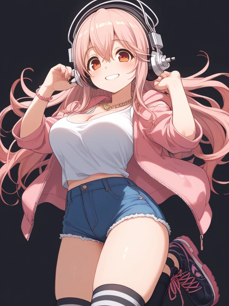 (Highest quality:1.2, animeスタイル, anime:1.2, Very detailed, Latest, Vibrant, digital coloring, High Contrast, masterpiece:1.2, Highest quality, Best aesthetics), (((supersonic, Super Sonico:1.2, 1 Female))), Pink Hair, Long Hair, Gradient Hair, Reddish brown eyes, ((Big Breasts:1.2)), Silver_Headphones, Pink hoodie, necklace, Denim hot pants, Beautiful thighs, Black boots, smile:1.2, Random Pause, Dance Motion, Cowboy Shot, Simple Background.