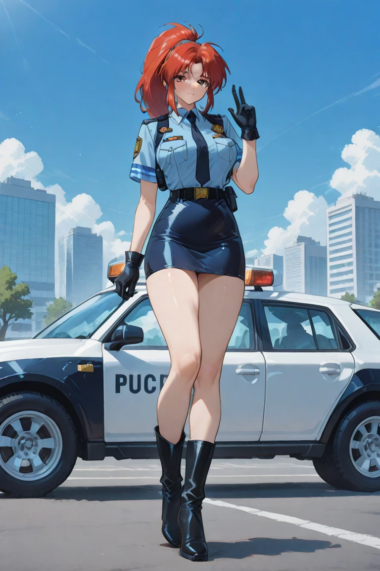 female police officer, milf, curvy, athletic, hair tied, police uniform, aiming his handgun with both hands, Profile, angry face, whole body