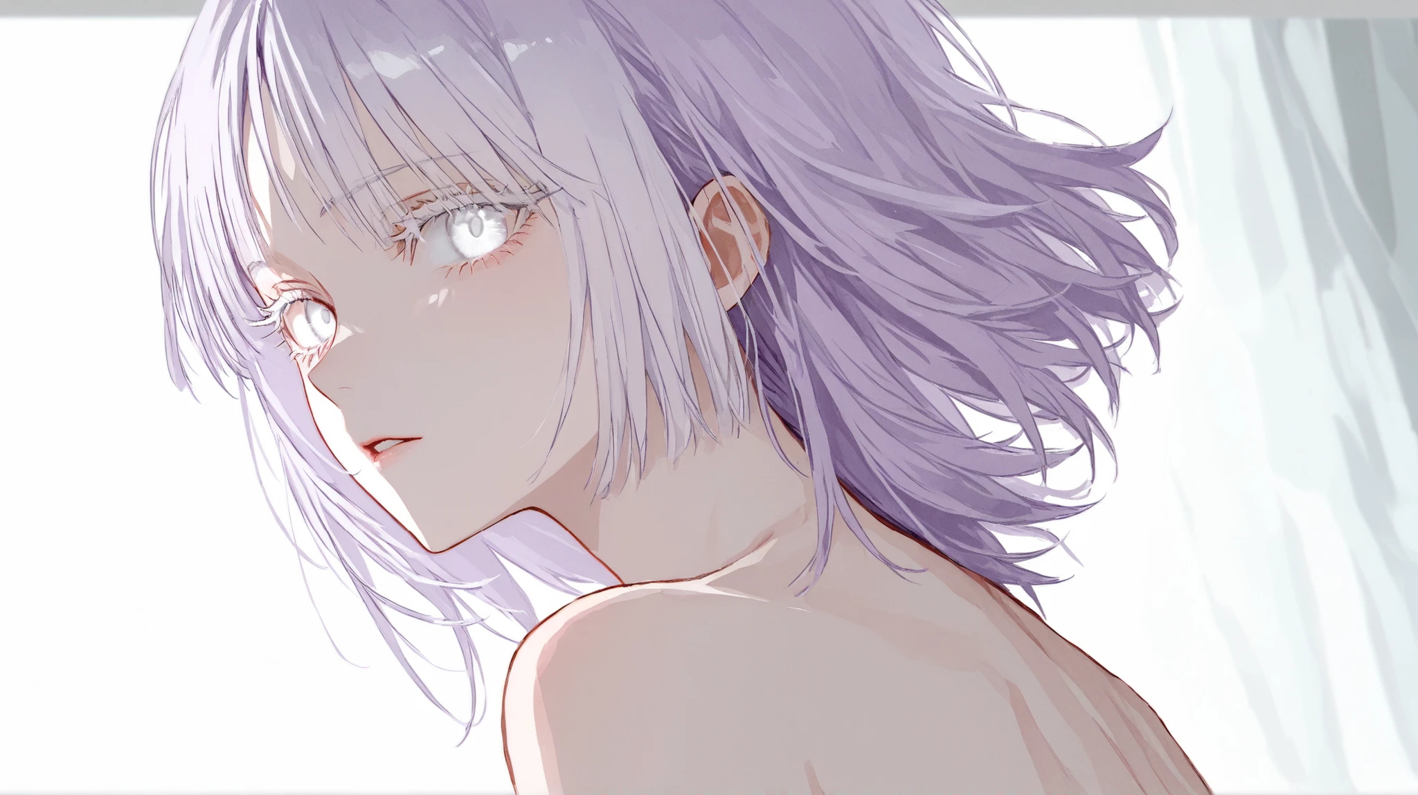 High Definition one woman full nude big light purple hair with bangs that cover his eyes Hair with long back hair and short side hair Pure white eyes White eyelashes I have long lashes tall Good Style Bewitching Creepy