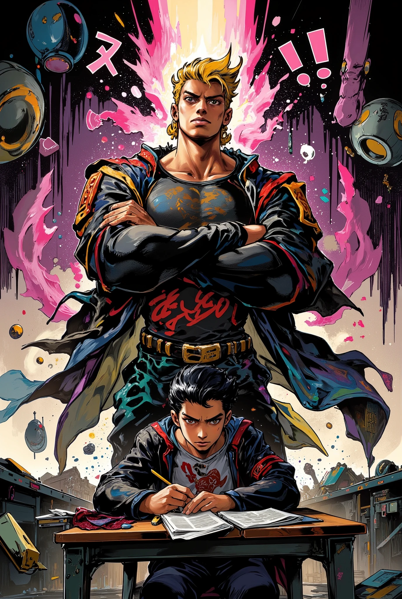 anime-style, dynamic composition, a quiet and studious Japanese schoolboy sitting at his desk in a classroom, calmly taking notes with a serious face, behind him stands an intimidating imaginary friend: a tall, muscular delinquent with bleached blonde pompadour hair, wearing a black school uniform with graffiti, open jacket, and a red armband, arms crossed with a menacing grin, glowing aura like a Stand from JoJo’s Bizarre Adventure, exaggerated sharp shadows and stylized comic details, onomatopoeia floating in the air like "ドドドド" and "シャー!!", high-energy atmosphere, cinematic lighting, 4K resolution, ultra-detailed, Hirohiko Araki