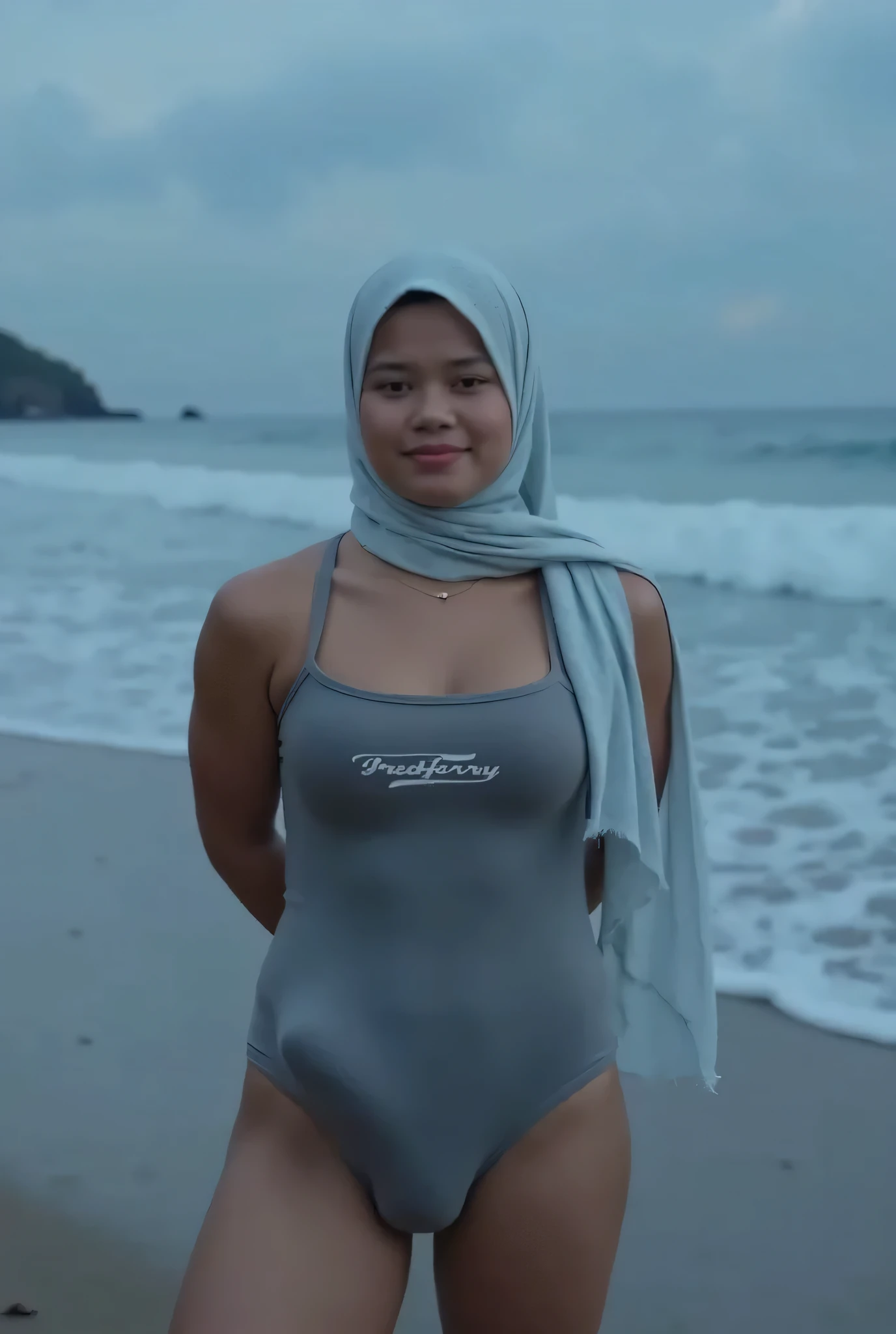 Disappointed facial expression, Front posing, Wearing Scarf neck tie, Front posing, SUPER SKINNY, (Thighs and calves huge muscles), (((MOODY FACE EXPRESSION))), "Wearing Hijab perfectly", wearing Scoop Neck Sleeveless grey Bodysuits strapless swimsuit 'Pred Ferry Logo Print', (KEDUA BELAH TANGAN DILETAK LETAKKAN DIBELAKANG PUNGGUNG NOT VISIBLE FINGER) PLEASE DON'T PUT ANYTHING ROPE!!!, THIGHS OPEN WIDE,
THIN SKINNY HIJAB INDO MALAY (Singlet ), 1 girl, 'BULGE PUSSY', Half body portrait, (face details: 1), (Eye details: 1), ((Big breasts)). ultra high res. realistic: 1.4, UHD, (((dark background))), Background Di tepi pantai senja