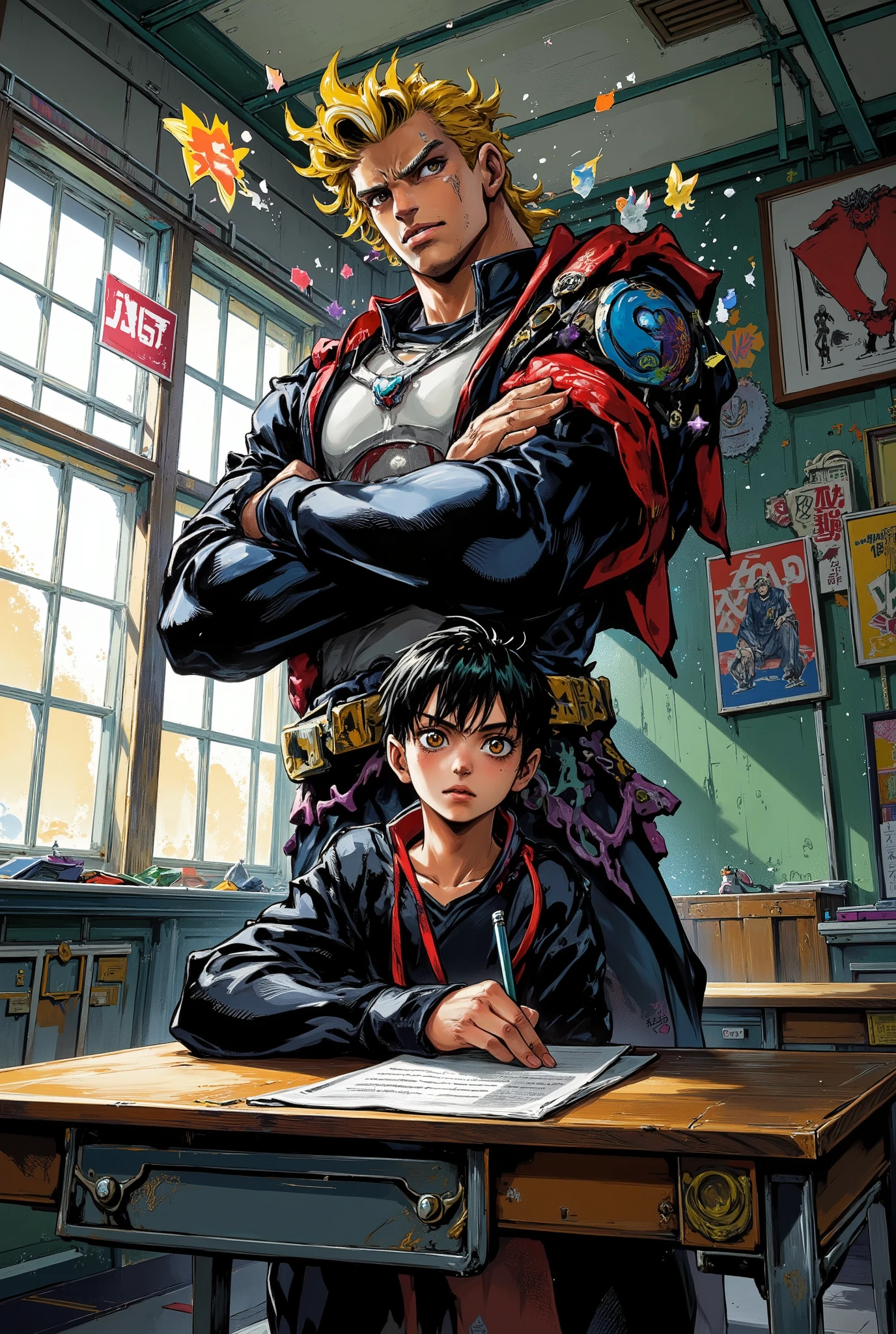 anime-style, dynamic composition, a quiet and studious Japanese schoolboy sitting at his desk in a classroom, calmly taking notes with a serious face, behind him stands an intimidating imaginary friend: a tall, muscular delinquent with bleached blonde pompadour hair, wearing a black school uniform with graffiti, open jacket, and a red armband, arms crossed with a menacing grin, glowing aura like a Stand from JoJo’s Bizarre Adventure, exaggerated sharp shadows and stylized comic details, onomatopoeia floating in the air like "ドドドド" and "シャー!!", high-energy atmosphere, cinematic lighting, 4K resolution, ultra-detailed, Hirohiko Araki