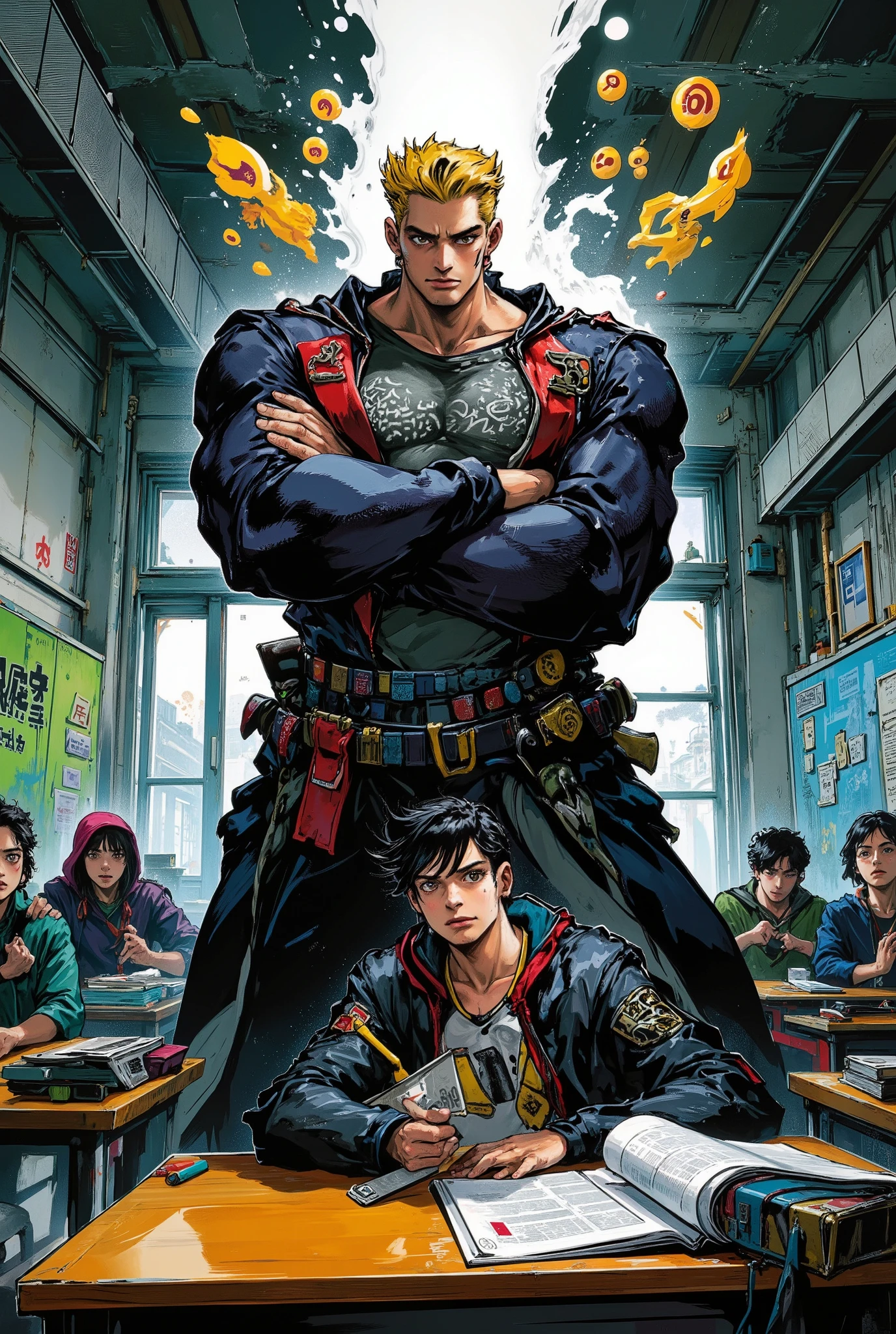 anime-style, dynamic composition, a quiet and studious Japanese schoolboy sitting at his desk in a classroom, calmly taking notes with a serious face, behind him stands an intimidating imaginary friend: a tall, muscular delinquent with bleached blonde pompadour hair, wearing a black school uniform with graffiti, open jacket, and a red armband, arms crossed with a menacing grin, glowing aura like a Stand from JoJo’s Bizarre Adventure, exaggerated sharp shadows and stylized comic details, onomatopoeia floating in the air like "ドドドド" and "シャー!!", high-energy atmosphere, cinematic lighting, 4K resolution, ultra-detailed, Hirohiko Araki
