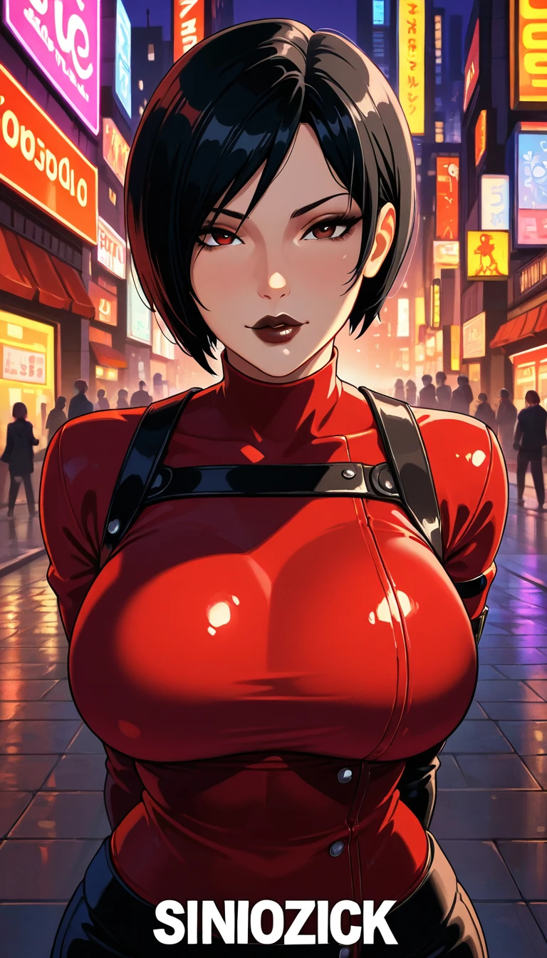 (best quality:1.3), yaoyorozu momo, busty, cleavage, bikini leotard, seductive, sexy, curvy body, big , ((body suit red latex)), ((city))