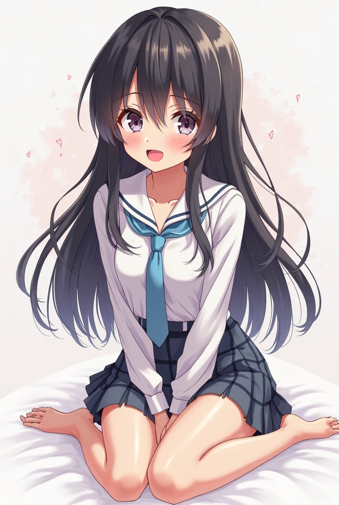 A long-haired woman sitting cross-legged on the bed, Anime girl squatting, long hair anime girl, Anime visuals of cute girls, Beautiful anime girl squatting, Clean and detailed anime art, detailed Digital animation art, anime goddess, Beautiful anime girl, Smooth anime CG art, Digital animation art, an anime girl, Young anime girl
