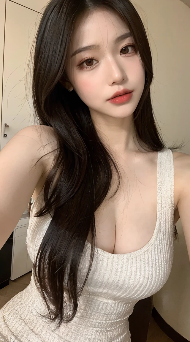 ((best quality, 8k, masterpiece: 1.3)), sharp: 1.2, perfect body beauty: 1.4, slender abs: 1.2, ((layered hairstyle, big breasts: 1.2)), (bandeau dress white: 1.1 ), city streets: 1.2, highly detailed facial and skin textures, detailed eyes, double eyelids, long brown hair, thin dress, hands behind, squatting, slightly revealing panties, revealing cleavage.