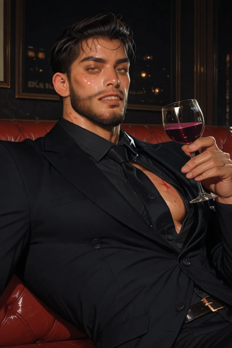 Masterpiece, high resolution, HDR, detailed composition, unique, hot handsome charming daddy in a pub invites you for a drink, 1500s, elegant clothing, medieval fashion, luxurious medieval clothing with super fine golden detailing, wearing elaborate jewelry, fine jewelry, wearing rings and necklace, golden, gold, diamond, shiny, royalty, wearing a large king crown with extremely fine details, wearing a large golden belt with rich artistic details, he is the heir to the throne, divine, opulence, grandeur, wealthy, rich taste, affluence, wisdom, sophisticated man, dashing man, scruff and hairy, mature, masculine, macho, beautiful eyes, symmetrical eyes, staring directly at camera, offering a drink at you, charming smile, happy, full body, full figure