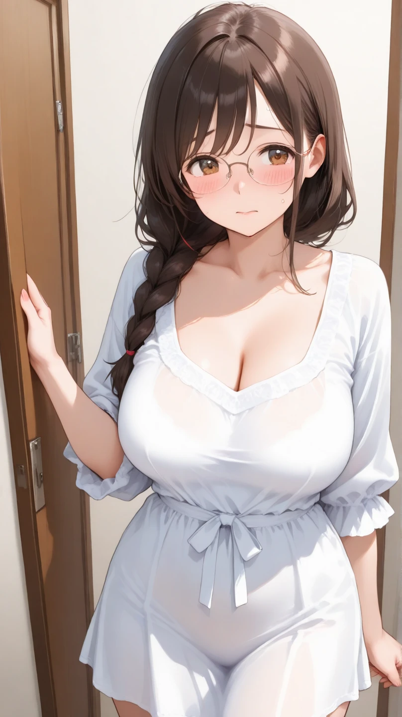 1 milf, long black hair, very big breasts, smiling, blushing, wearing a glasses